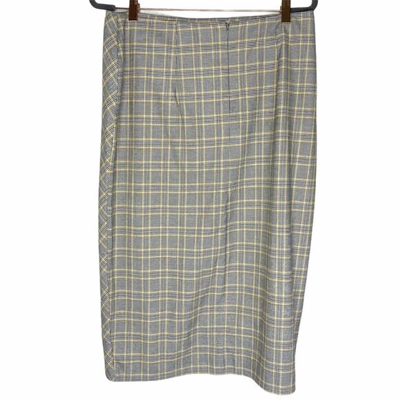 ASOS Curve Plaid Midi Skirt 12 Gray Yellow Wrap Button Check Tailored Work - Picture 4 of 7